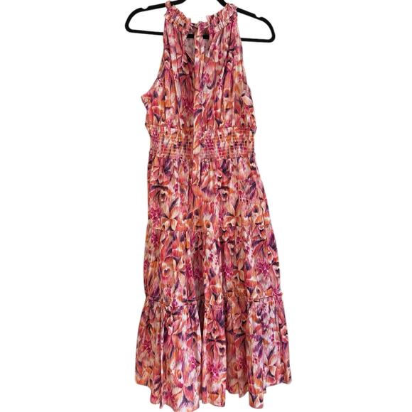 Cece Printed Tie Back Smocked Waist Midi Dress size M, Pink Orange | NEW $129 - Picture 5 of 5